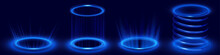 Hologram Effect Of Circle Digital Portals With Blue Neon Light. Futuristic Podiums, Teleport Platforms With Glow And Sparkles Isolated On Black Background, Vector Realistic Set
