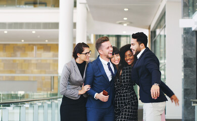 Aufkleber - Hug, support and business people excited about success, partnership and giving motivation. Smile, collaboration and corporate friends hugging after an achievement, win or promotion at an agency