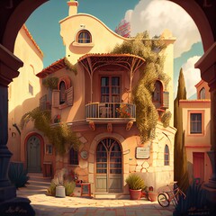 Beautiful illustration of medieval street in cartoon style. Generated by Ai