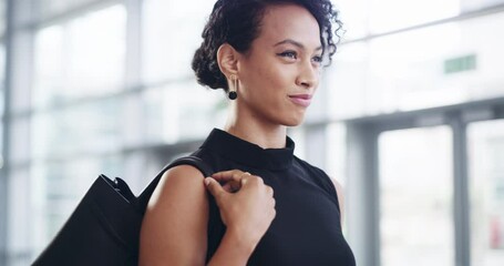 Poster - Corporate black woman, confident walk and professional in office, workplace or job in finance. Young african businesswoman, executive fashion or walking proud for success, motivation or career vision