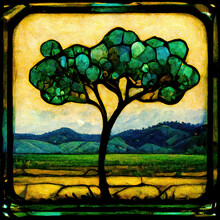 Stained Glass Tree In Field In The Style Of Louis Comfort Tiffany