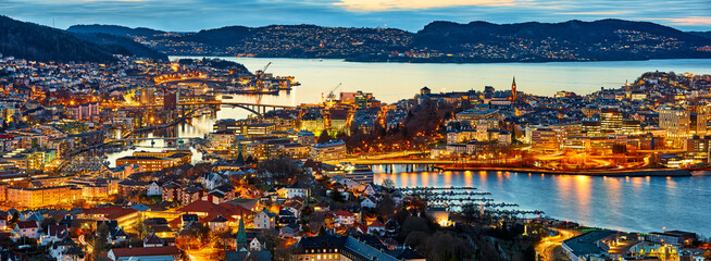 Wall Mural - Bergen city panorama at dusk, aerial view, Norway