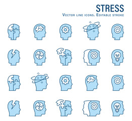 Wall Mural - Stress icons, such as anxiety, headache, dizzy, trouble and more. Editable stroke.