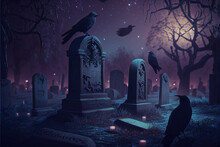 Horror Cemetery At Night With Full Moon And Ravens. Digital Art