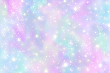 Poster - Rainbow unicorn background. Pastel gradient color sky with glitter stars. Magic pink galaxy space. Vector fairy abstract pattern.