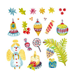  A set of watercolor holiday pictures similar to a child's drawing. Christmas angel, candle, Christmas tree decoration, stars, Christmas branch. Cute cartoon characters illustrations are arranged separ