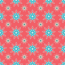 Ornamental Seamless Vector Pattern. Star Motif Red And Blue Background In Repeat. 