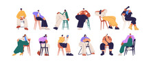 People Sit On Chairs Set. Young Men, Women On Seats In Different Positions, Poses. Characters On Stools Portraits, Looking, Listening, Waiting. Flat Vector Illustrations Isolated On White Background