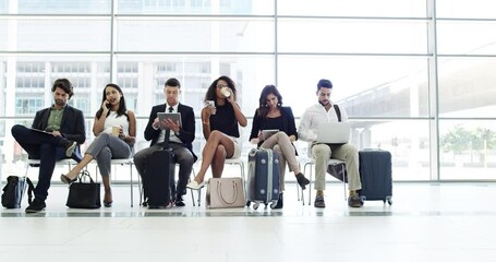 Poster - Business people, social networking and waiting room for travel, business trip or corporate team at the airport. Group of employee workers waiting row with luggage to board plane while on social media