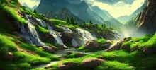 Cascade Of The Waterfall Flows Down From The Slope Of The Mountains. Mountain Rivers Flow Among Green Lawns And Mountain Peaks. Fantasy Waterfall Panorama. 3d Illustration