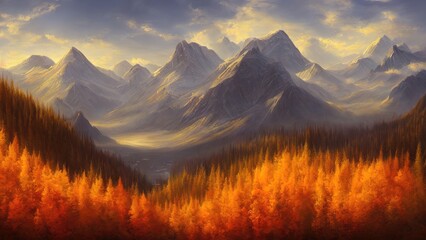 Fototapete - Autumn landscape of mountains, yellow orange foliage of trees. Autumn has come, the forest is in fiery colors. 3d illustration