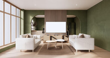 Minimalist Green Living Room Muji Style Interior Design Have Sofa Wabisabi And Decoration Japandi.