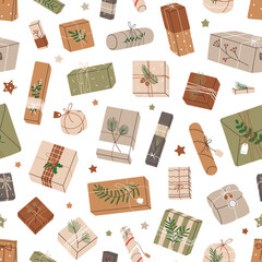 Poster - Christmas gifts pattern. Seamless background with Xmas present boxes in brown paper, kraft wrapping. Holiday craft surprises repeating print, texture design. Flat vector illustration for decoration
