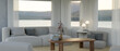 © bongkarn - Elegance living room with light grey sofa, wood coffee table and panoramic glass window