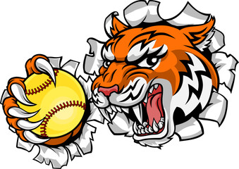 Wall Mural - A tiger animal softball sports team cartoon mascot