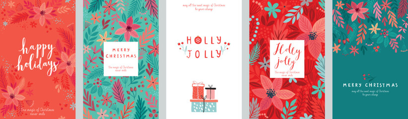 Wall Mural - Christmas card set - hand drawn floral flyers. Lettering with Christmas decorative elements.