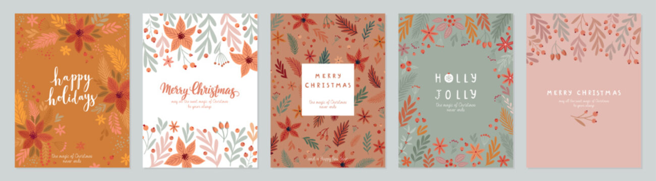 Fototapete - Christmas card set - hand drawn floral flyers boho style. Lettering with Christmas decorative elements.