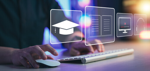 Aufkleber - Concept of Online education. man use Online education training and e-learning webinar on internet for personal development and professional qualifications. Digital courses to develop new skills.