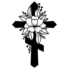 Wall Mural - Cross svg, Religious symbol, Christian cross with flowers silhouette