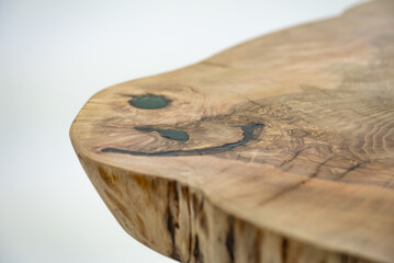 Coffee table, living room table. Resin handmade wood table. White background.