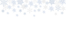 Abstract Christmas Background With Blue And Silver Snowflakes Border And Copy Space For Text. Winter Snow.  Overlay, Banner, Cover. Realistic Illustration On Transparent Background. PNG.