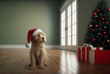 Adorable Goldendoodle Puppy With Santa Claus Hat, 3D Rendered