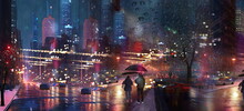 Night City Rainy Street   Blurred Light Car Traffic People With Umbrellas Rain Drops Urban Scene