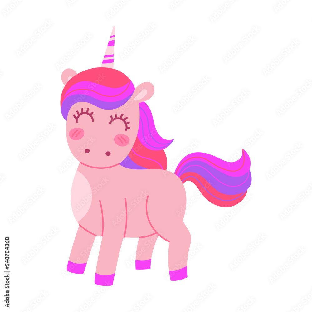 Cartoon cute unicorn with horn on his head. Vector illustration of ...