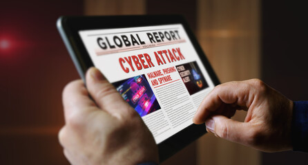 Wall Mural - Cyber attack and digital security newspaper on mobile tablet screen