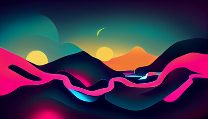 Futuristic landscape of black mountains connected by a scarlet stream. Dawn of two suns.