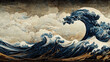 Leinwandbild Motiv Great blue ocean wave as Japanese vintage style illustration