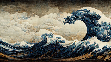 Wall Mural - great blue ocean wave as japanese vintage style illustration