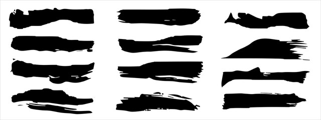 Wall Mural - Vector collection of artistic grungy black paint hand made creative brush stroke set isolated on banner background. A group of abstract grunge sketches for design education or graphic art decoration