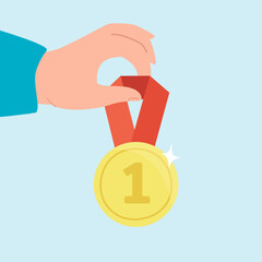 Wall Mural - gold medal for first place flat vector illustration. person winning competition and getting prize. s