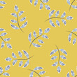 Loose sprigs of leaves seamless vector pattern background. Yellow blue botanical foliage hand drawn line art scattered leaves. Bright leaf backdrop. Painterly tossed design for packaging, summer