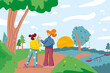 Girls friends spend time together in landscape background. Little girls talking and walking in city park by playground. Natural scenery with green trees. Illustration in flat cartoon design