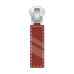 zipper puller with leather insert vector illustration. Vintage or modern metal or leather zipper pull for backpack, sportswear