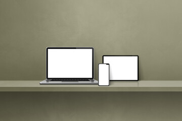 Poster - Laptop, mobile phone and digital tablet pc on green wall shelf. Horizontal background