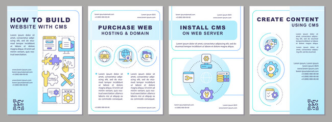 Building website with CMS blue brochure template. Digital tools.. Leaflet design with linear icons. Editable 4 vector layouts for presentation, annual reports. Arial, Myriad Pro-Regular fonts used