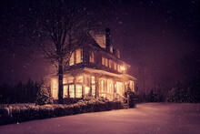 House In The Snowy Night, Beautiful House Covered In Snow, Winter Scene In The Town Neighborhood