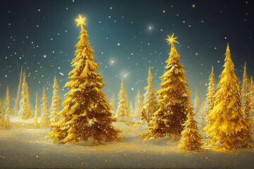 Painted teal and gold christmas trees forest on blue sky background christmas card with ornaments, decorations. Golden and teal painted shiny and bright season greetings background