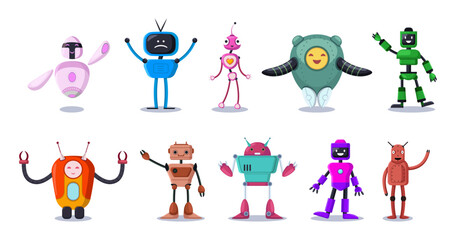 Poster - cute comic robots of different shapes vector illustrations set. collection of colorful mascots, happ