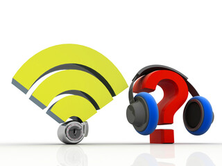 Poster - 3d rendering question mark connected headphone near WiFi Sign
