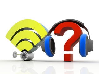 Poster - 3d rendering question mark connected headphone near WiFi Sign