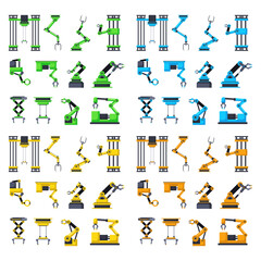 Poster - Industrial robotic arms or equipment vector illustrations set. Cartoon drawings of mechanic tools or instruments for manufacturing on white background. Technology, automation, industry concept