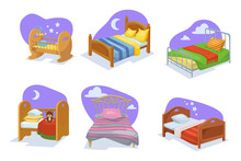 Beds For People Of Different Ages Vector Illustrations Set. Collection Of Cartoon Drawings Of Cot Or Crib, Bed For Children, Toddlers, Adults Isolated On White Background. Interior, Furniture Concept