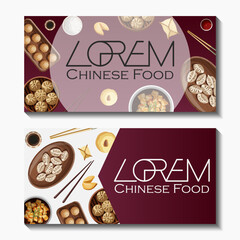 Wall Mural - Set of vector template banners design with Chinese food and copy-space on white and dark red. Postcard, card, business card, flyer, promotion concept.