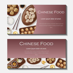 Wall Mural - Set of vector template banners design with Chinese food and copy-space on white and pink. Postcard, card, business card, flyer, promotion concept.