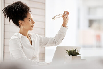 Poster - Business, black woman and glasses for reading on laptop in a clean office with vision, focus and eye care. Female entrepreneur at desk with fashion eyeglasses while thinking of innovation strategy