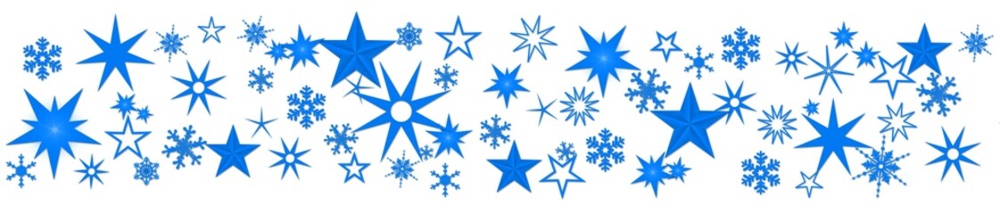 Poster - Christmas decoration in blue on banner - different snowflakes and ice stars on white background - 3D Illustration